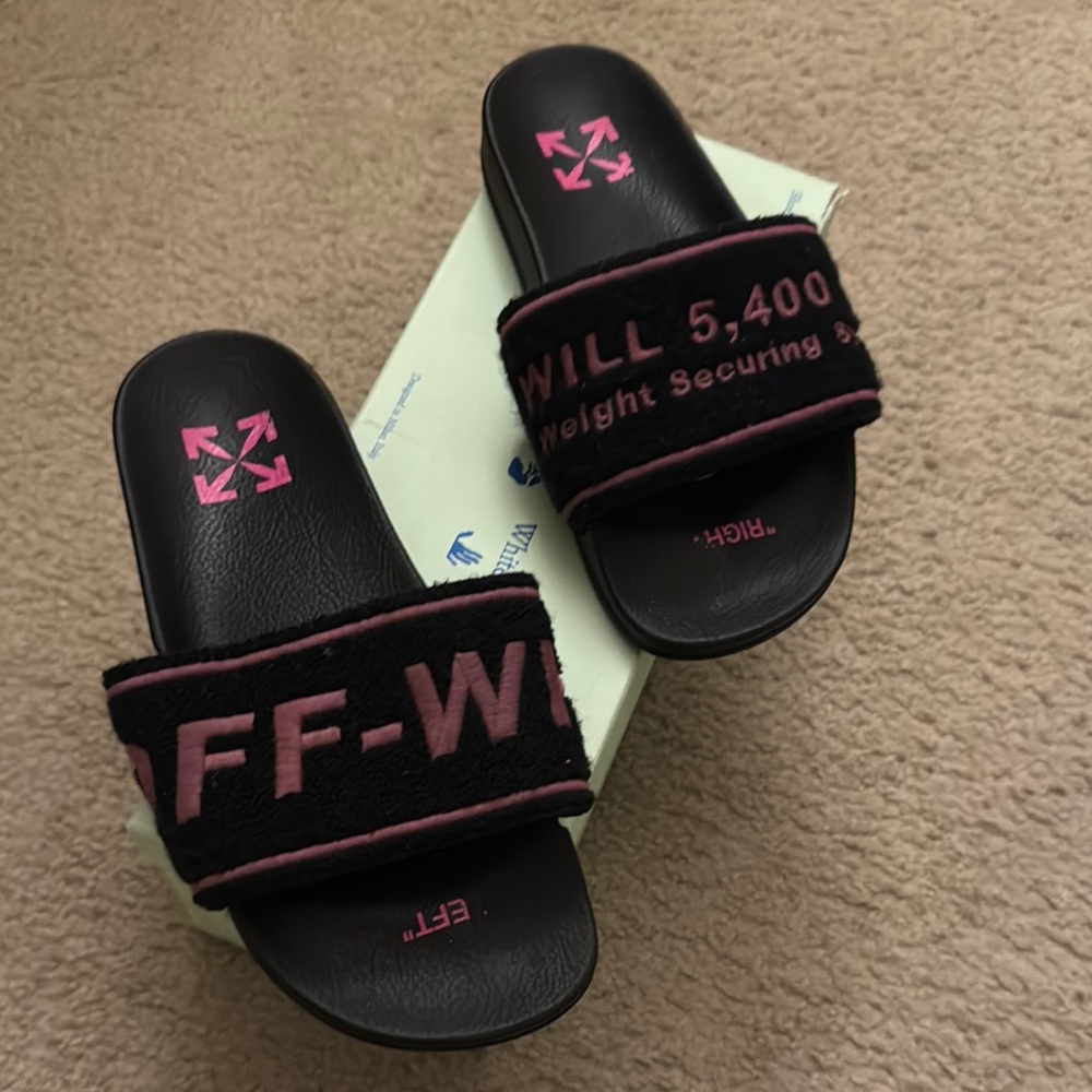 Off-White Black Slides with Pink Detailing